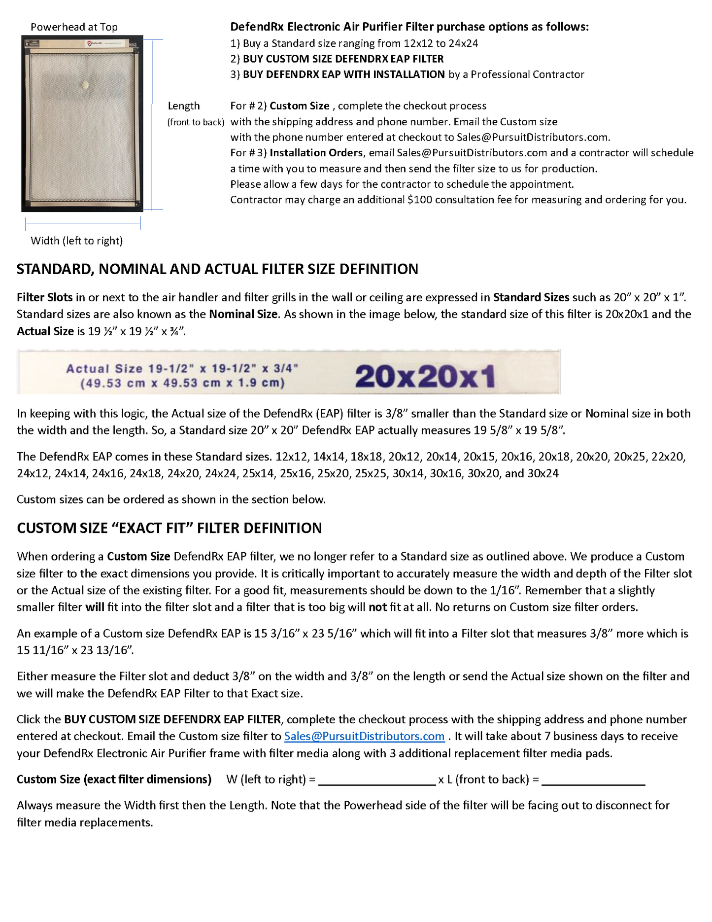 DefendRx Electronic Air Purifier Ordering Instructions for Standard Sizes and Custom Exact Fit Sizes