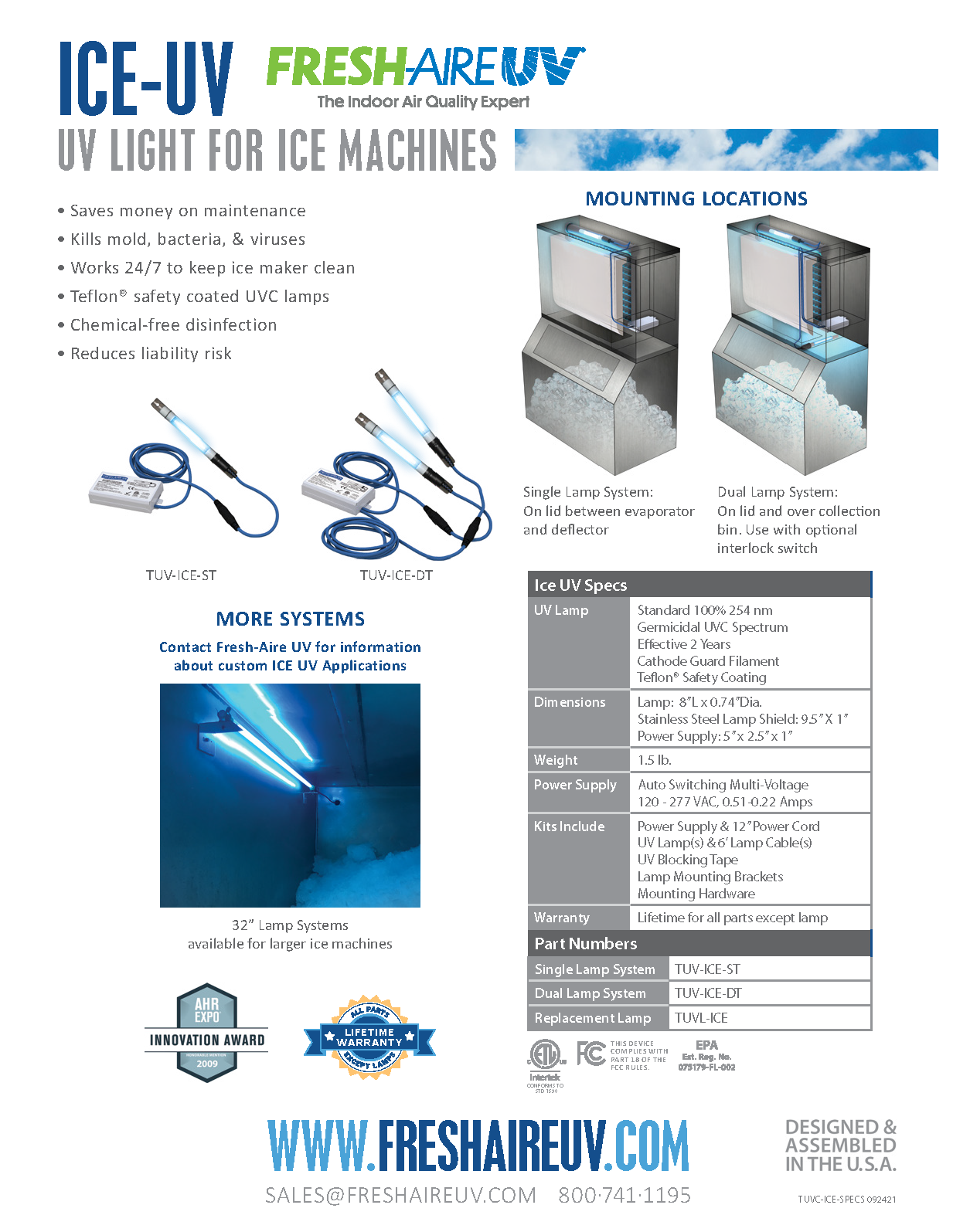 Fresh-Aire TUV-ICE-ST and TUV-ICE-DT Germicidal System for Ice Machines